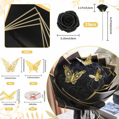 UUXX Black Roses 25 PCS Foam Flowers 3.15" Artificial Roses with Stems, Wrapping Paper, Butterfly Black Foam Fake Roses for Valentines, Anniversary,Mother's Day Birthday Wedding