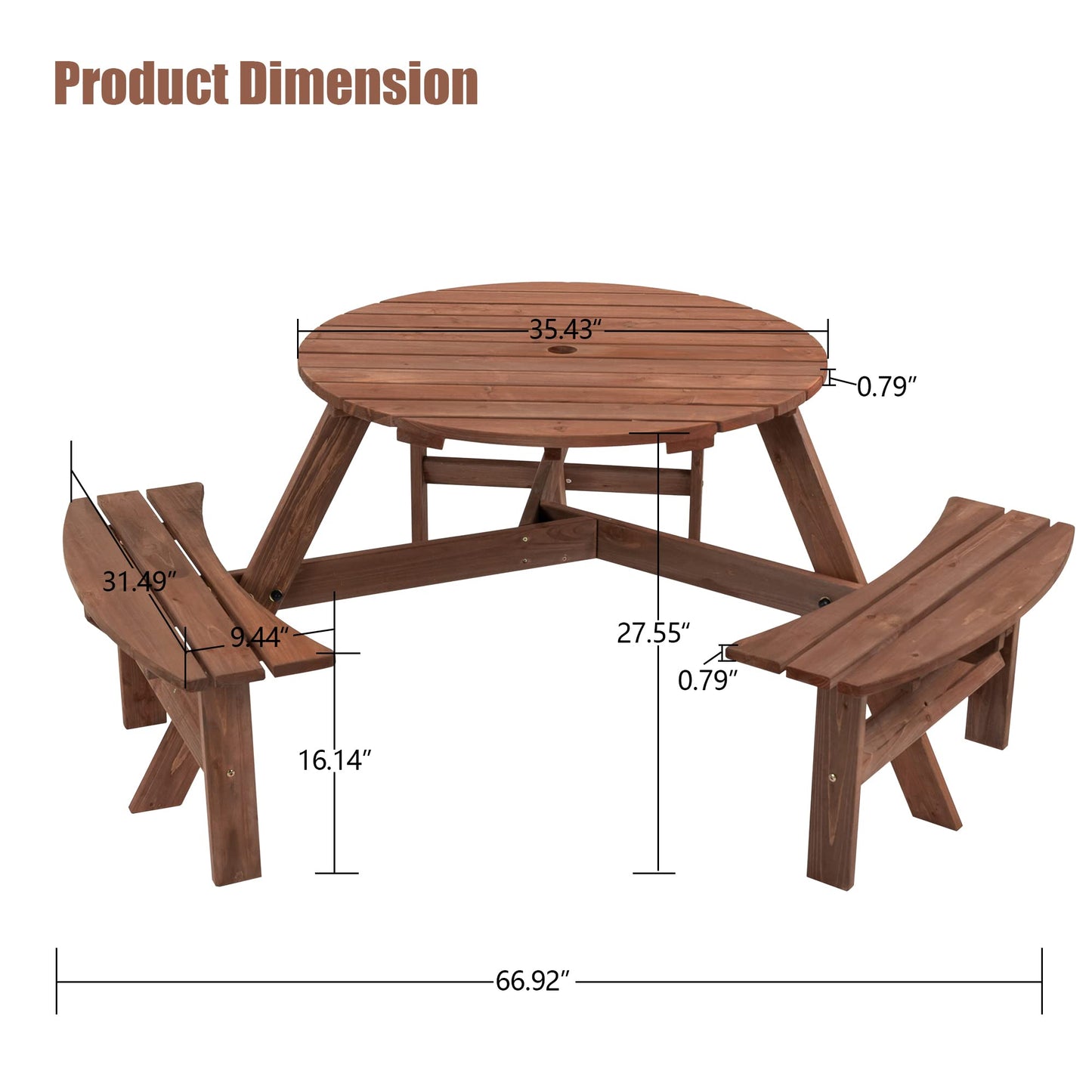 BIFULDYO 6-Person Round Outdoor Table and Chairs for Patio, Backyard, Wooden Garden Picnic Table with 3 Benches, 1720 Lb Capacity (Brown)