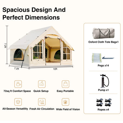 KNUO 2026 Upgraded Waterproof Inflatable Camping Tent for 2~4 People, Large Blow-Up Air Tent, No Assembly Needed Luxury Glamping House, 10x7.2ft Oxford Fabric, Beige