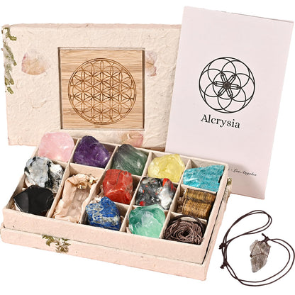 Alcrysia Set of 12 Raw Crystals and Healing Stones, One Stone for Each Month, Chakra, Meditating and Energy Healing Stones, DIY Necklace kit and Clear Quartz Necklace, Handcrafted Gift for Women