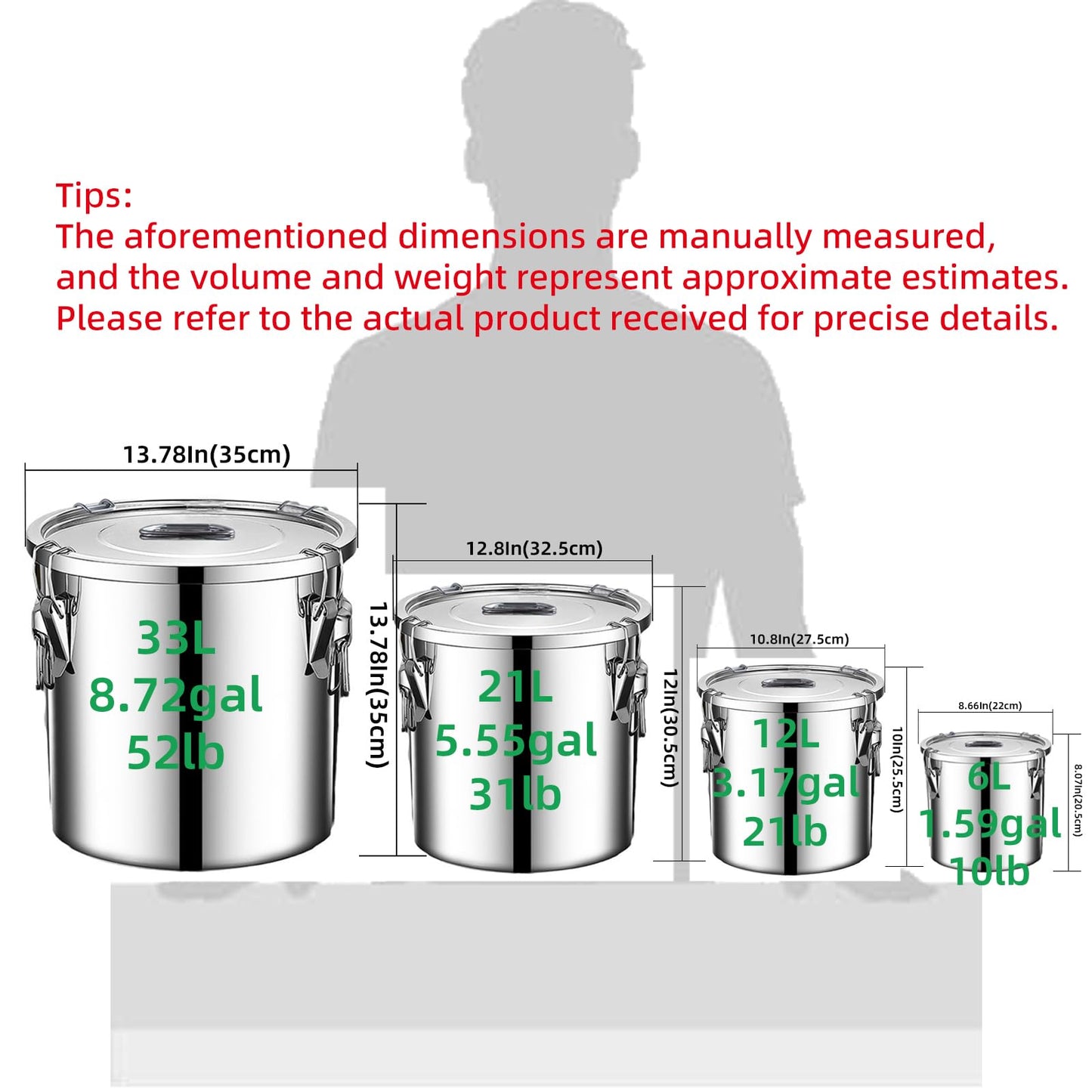 Verdeho 304 stainless steel food storage containers with lids lock clips airtight container large airtight for rice flour sugar grain coffee bean storage containers Kitchen jar (3.17gal/12L)