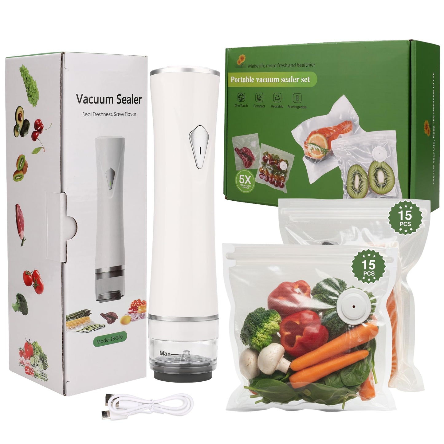 Handheld Vacuum Sealer for Food Storage - Vacuum Storage Bags and Machine - 30 Reusable Freezer Bags - USB Rechargeable - Mini Bag Sealer - Kitchen Gadgets for Meal Prep Essentials