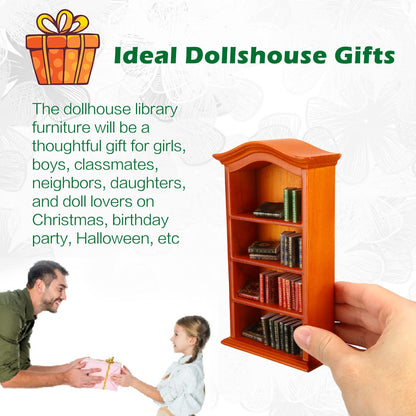 Miniatures Book and Bookshelf Set Includes 27 Pcs 1:12 Scale Miniatures Dollhouse Books 1 Pcs Wooden Bookcase 4 Floors Furniture Display Bookshelf Cabinet Dollhouse Decoration for Mini House Library