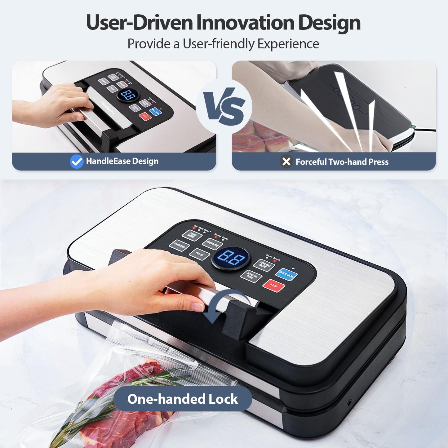 95Kpa Precision Pro Vacuum Sealer, with Double Heat Seal & Dual-Pump for Dry/Moist Food, 2X Strength, Food Vacuum Sealer Machine with Easy-Lock Handle, Built-in Cutter & Bag Storage, Stainless Steel