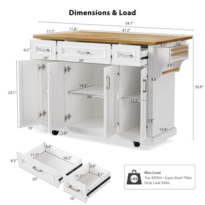 Ball & Cast Modern Large Kitchen Island with Rubber Wood Drop Leaf, Embossed Texture Rolling Cart on 4 Wheels W/4 Doors & 3 Drawers, Mobile Storage Kitchen Islands W/Storage for Dining Room,White,54"