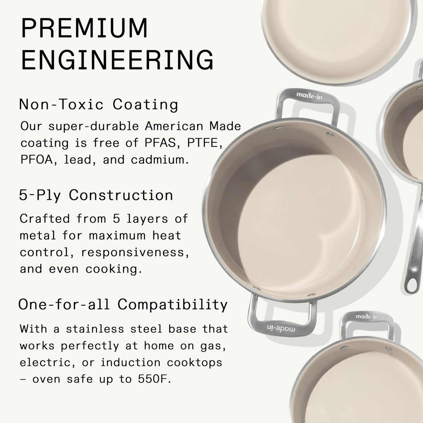 Made In Cookware | 7-Piece Ceramic Non Stick Pot and Pan Set (Stainless Handle) | 5-Ply Stainless Clad | Professional Cookware | Crafted in Italy | Induction Compatible