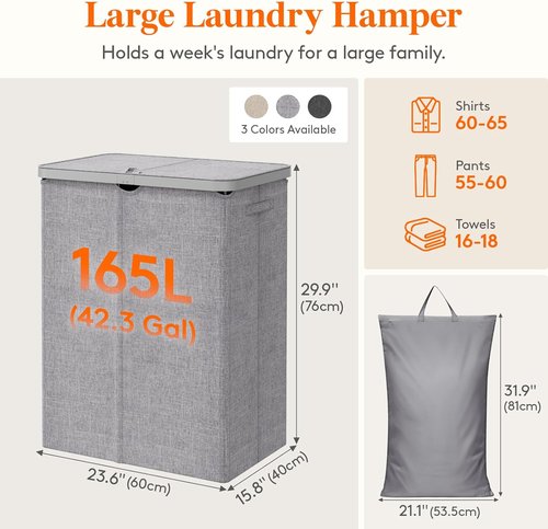 Lifewit 165L Large Laundry Basket - Foldable Hamper with Lid & Removable Bag | Light Gray