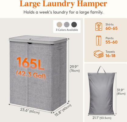 Lifewit 165L Large Laundry Basket - Foldable Hamper with Lid & Removable Bag | Light Gray