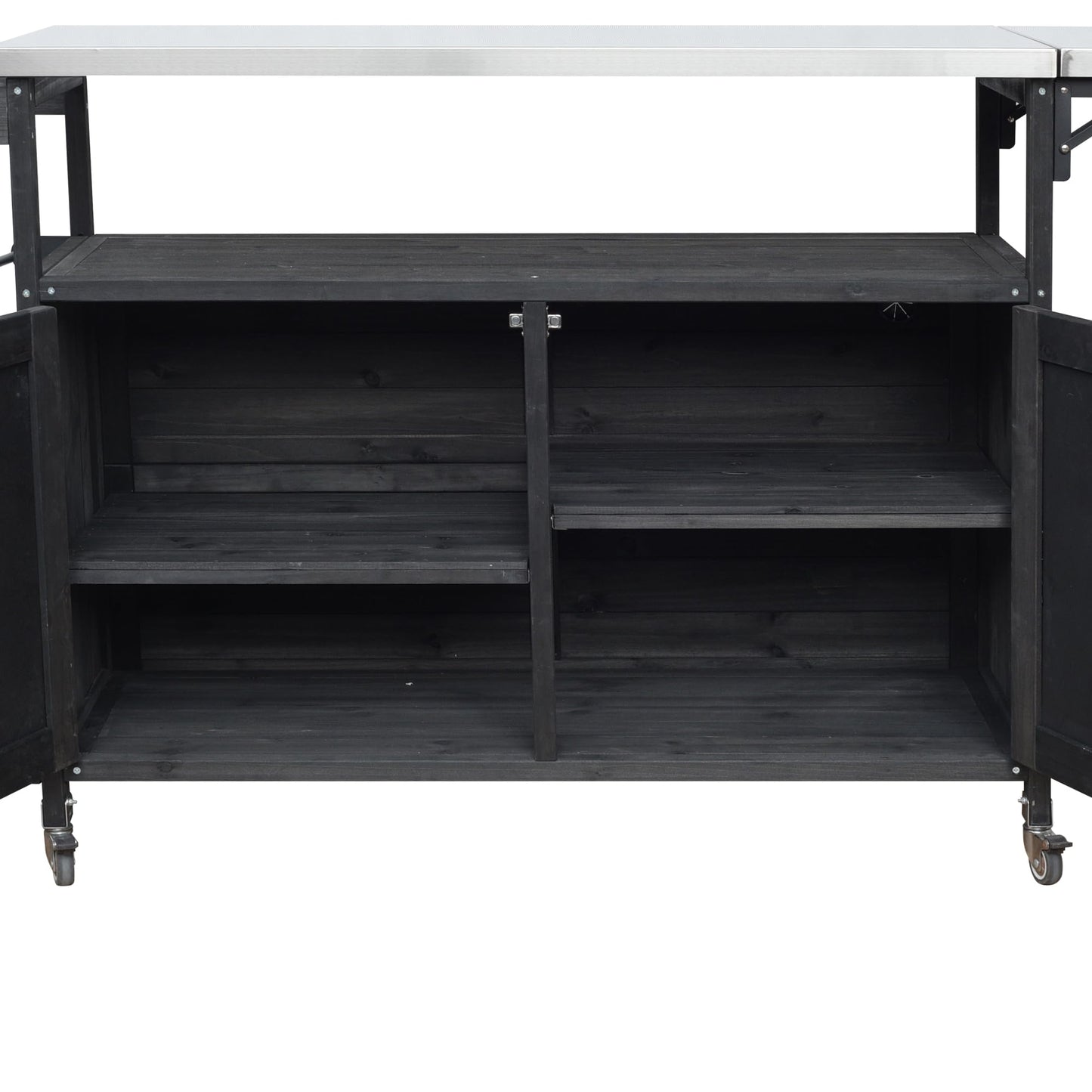 Outdoor Kitchen Island Cart with Foldable Stainless Steel Top, Rolling Grill Table with Adjustable Shelf Storage Spice Rack and Towel Holder, Wooden BBQ Prep Station with Lockable Wheels, Black