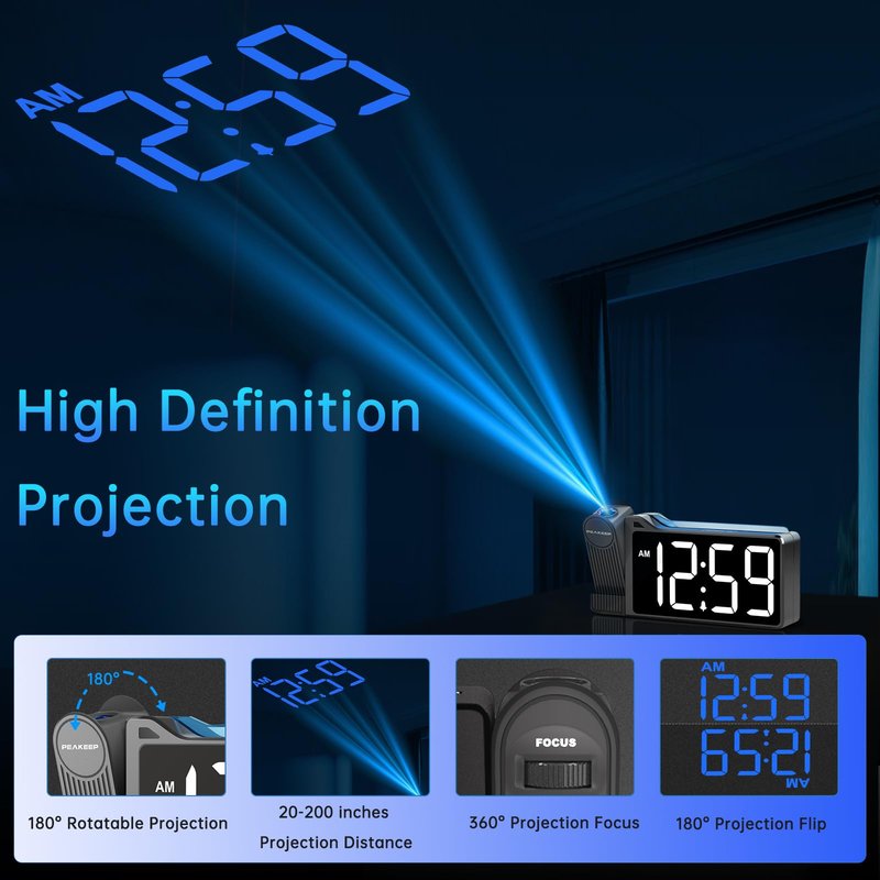 Peakeep Projection Alarm Clock for Bedroom Ceiling, Loud for Heavy Sleepers, RGB Nightlight, Multi-Color Large Display 5 Brightness Dimmer, Plug in Bedside Electric LED Digital Clock with USB Port