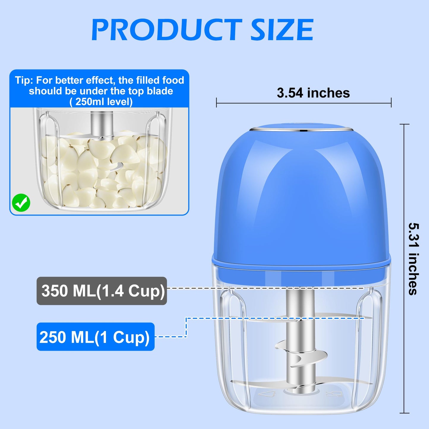 Electric Garlic Chopper, 350ML (1.4 Cup) Blue Mini Food Processor, Mini Chopper, Small Garlic Grinder Mincer for Onion, Ginger, Chili, Fruit, Meat