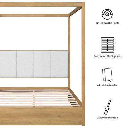 WAMPAT Wood Canopy Bed Frame Queen Size, Solid Wood Poster Bed with 12 Slats and Support Legs, 800 lbs Capacity, No Box Spring Needed, Modern Oak Wooden Bed with Upholstered Headboard for Bedroom