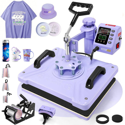 WHUBEFY Heat Press,8 in 1 Tshirt Printing Machine 15"x12" Digital Industrial Heat Transfer Machine,Sublimation Heat Press Machine for T Shirts/Mug/Cap/Plate/DIY (8 in 1 Heat Press(Purple))