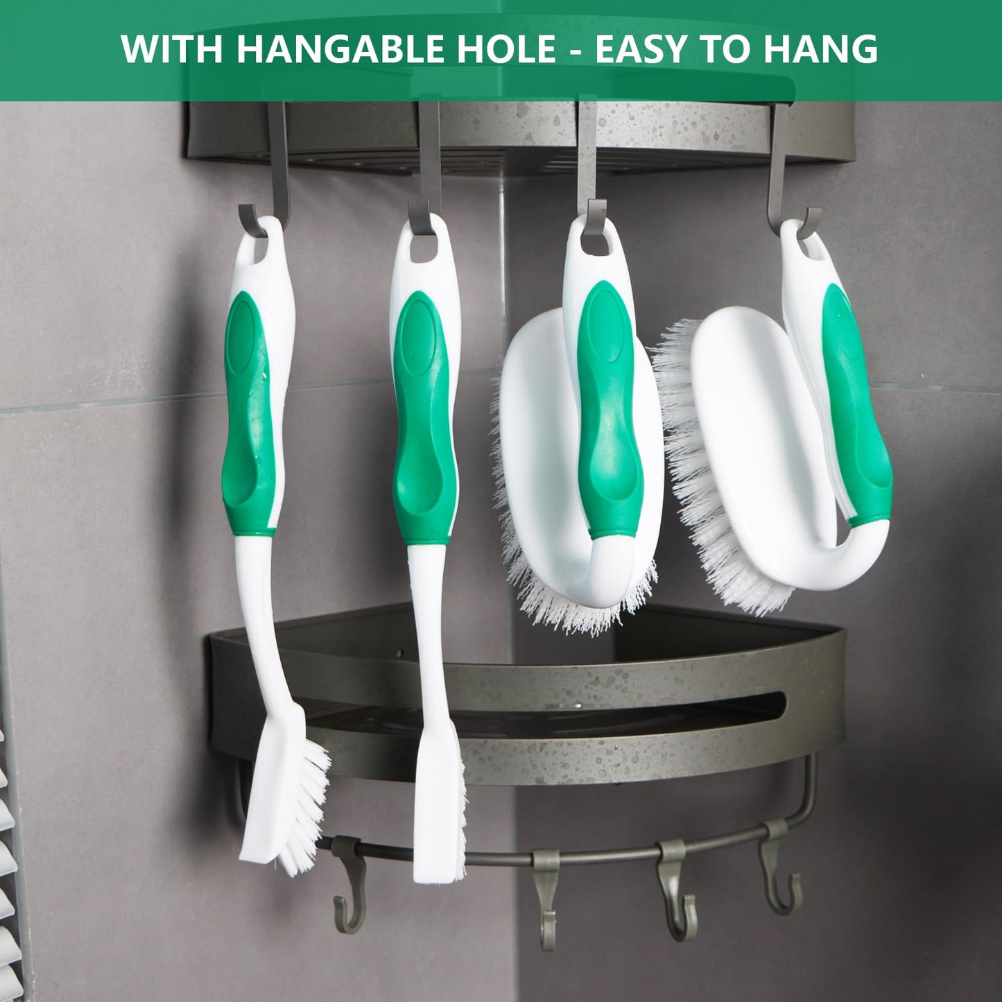 HileSwan Scrub Brush Set, 4 Pack Deep Cleaning Brush Kit - 2 Scrub Brush, 2 Tile & Grout Brush with Built-in Scraper, Household Commercial Scrubber for Floor, Shower, Pool Wall, Tub (Green)