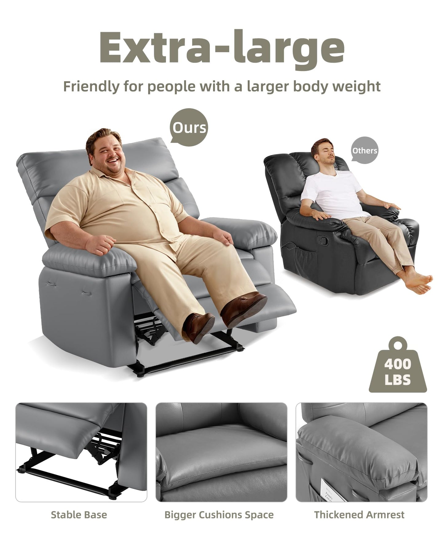 GarveeHome Recliner Chair - PU Leather Manual Recliner for Adults, Lazy Chair with 1.5X Sponge Comfort Arm and Back for Living Room, Bedroom