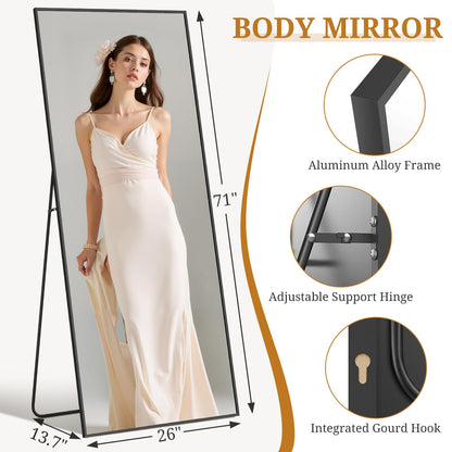 Accver Full Length Mirror 71"x26" Full Body Mirror Rectangle Free Standing Wall Mounted Leaning Floor Mirrors with Stand Aluminum Alloy Frame for Bedroom Cloakroom, Black