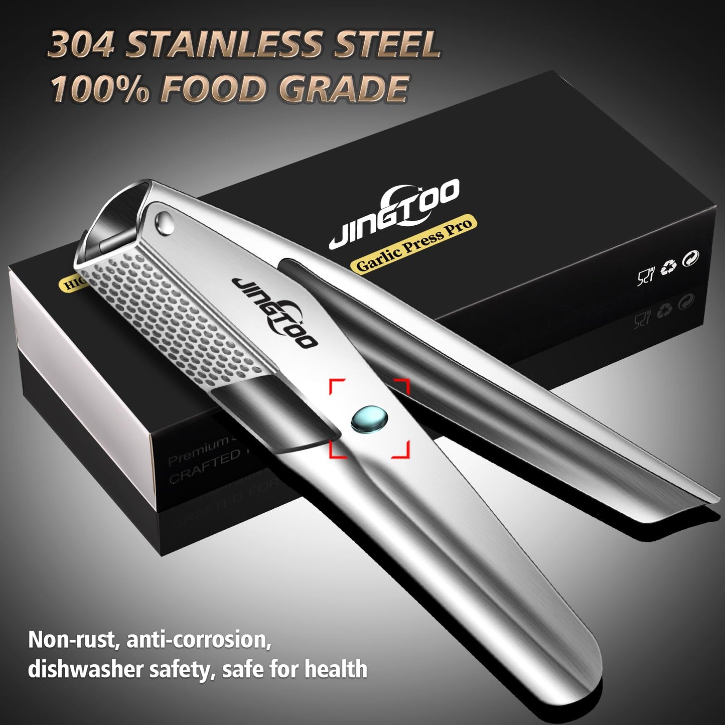 JINGTOO Garlic Press Stainless Steel, Premium Garlic Mincer - 5 Years Warranty - No Need to Peel Garlic Crusher, Ginger Masher & Presser Large Trough Ergonomic Handle, Easy Squeeze，Dishwasher Safe