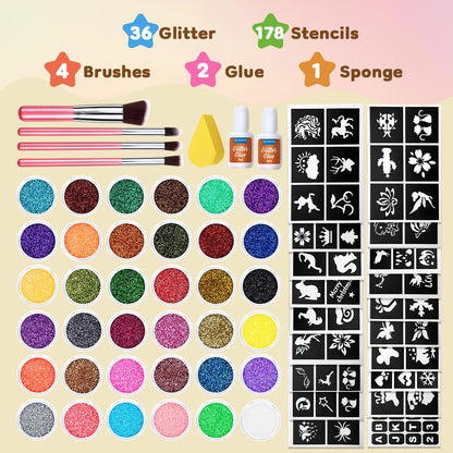 Glitter Tattoo Set, Bledras 36 Colors Kids Tattoo Set, 178 Stencils, 5 Brushes, 2 Glue, Flash Tattoo Kit for Girls, Boys and Adults, Carnival Festival, Cosplay Parties, Games (Orange)