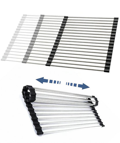 CHIRISEN Expandable Large Roll Up Dish Drying Rack, Foldable Over The Sink Dish Drying Rack, Rolling Dish Drainer Stainless Steel Roll Rack for Kitchen Sink Counter (Black, 21.25x12.79)
