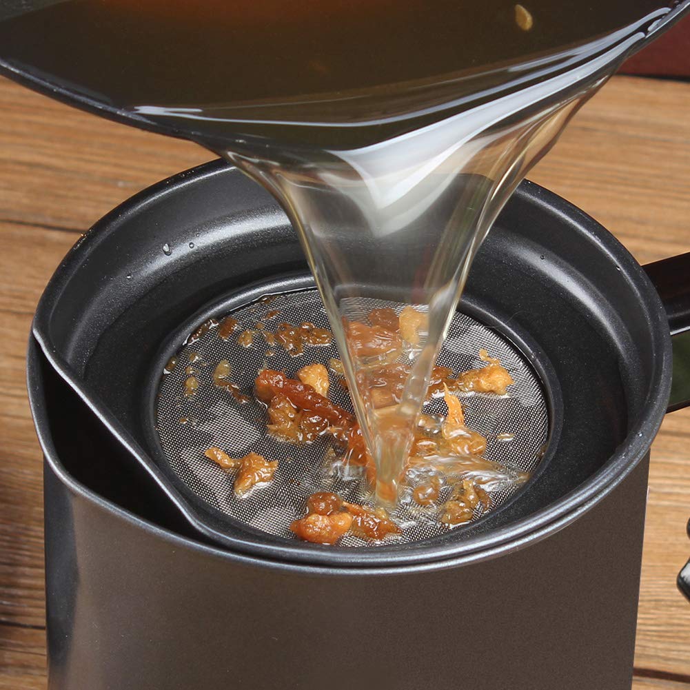 Ourokhome Bacon Grease Container with Strainer- 1.3 L or 5.2 Cup Iron Kitchen Oil Storage Can with Fine Mesh Strainer for Storing Hot Frying Oil, Fat (Black)