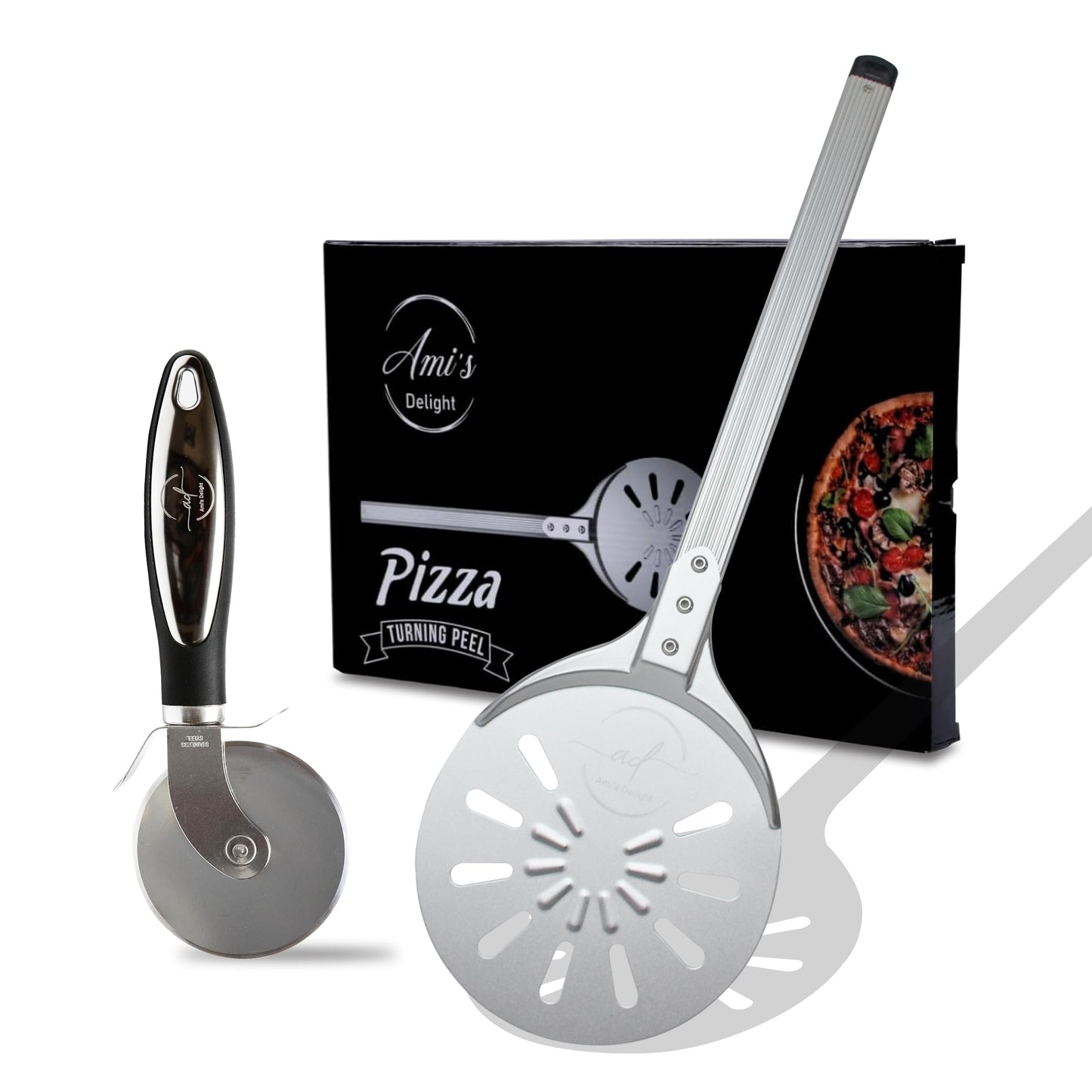 Ami’s Delight 8-Inch Perforated Pizza Turning Peel with Free Pizza Cutter | Lightweight Aluminum Pizza Peel Spinner with Long Handle | Essential Pizza Oven Accessories