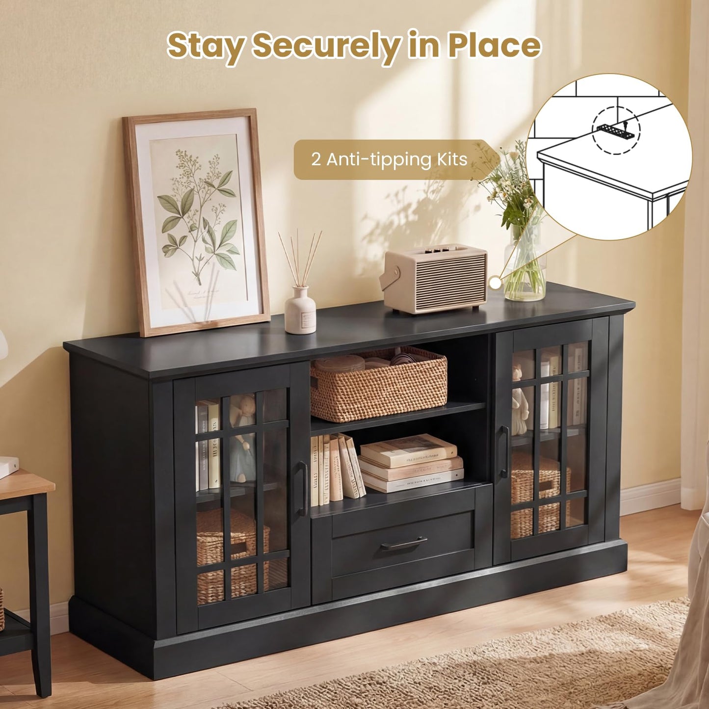 Giantex Farmhouse TV Stand for 65/70 Inch TV, Tall Entertainment Center with Storage Cabinets, Glass Doors, Drawer, Removable Shelves, Media TV Console Table for Living Room, Bedroom (Black)