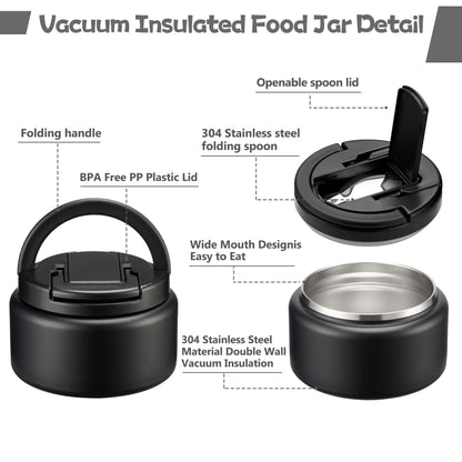 BABHAMNESS 13.5oz Soup Thermo for Hot Food Kids Insulated Vacuum Food Jar with Buckle Lid,Wide Mouth Leakproof Stainless Steel Lunch Container with Spoon-Black