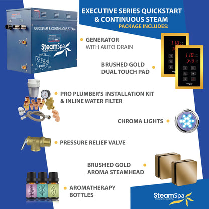SteamSpa Steam System 10.5kW Steam Generator with Quickstart Continuous Steam, Dual Touch Pads, Auto Drain, Chroma Light, Aroma Steamheads, Install Kit & Filter in Gold EXTS1050GD-A