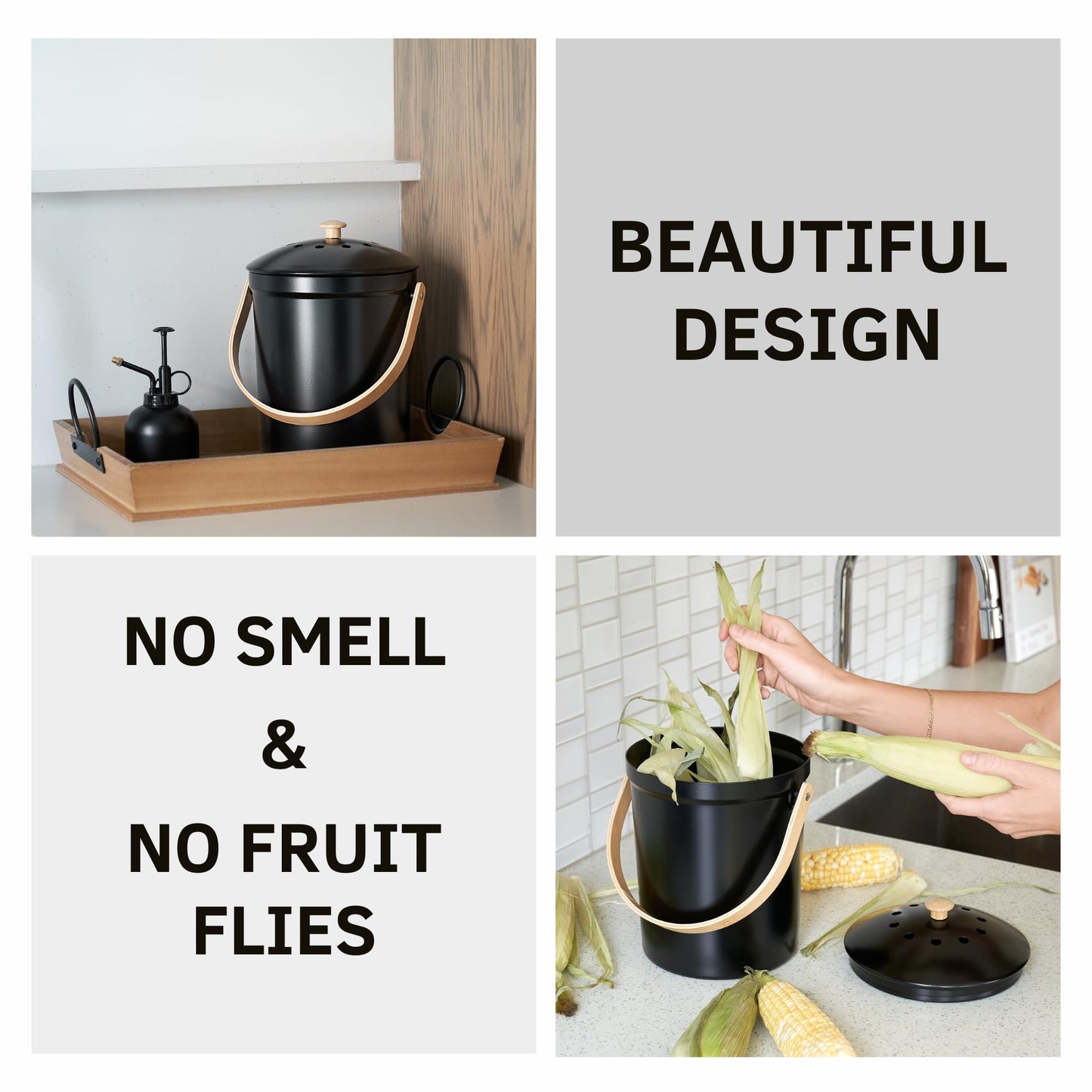 Beautiful Kitchen Compost Bin with Smell Proof Lid - Rust Proof and Odorless Compost Bucket for Your Countertop with No Smell Filters - Easy to Clean 1.1 Gallon Bin Looks Great On Any Kitchen Counter