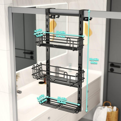 HapiRm 3 Tier Over the Door Shower Caddy, Hanging Shower Caddy with 16 Hooks and 2 Soap Holders, No Drilling Adjustable Hanging Bathroom Organizer - Black