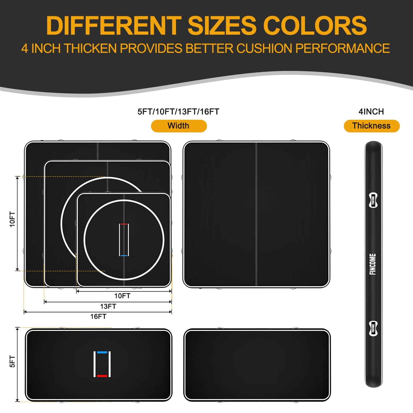 FINCOME Inflatable Wrestling Mat 16ft/13ft/10ft, 4" Thick Foldable Jiu Jitsu Mats Wrestling Mats for Home Outdoor Indoor, Waterproof PVC Mat for Gymnastics, BJJ, MMA, Grappling, Judo, Boxing, 10ft*10ft*4inch