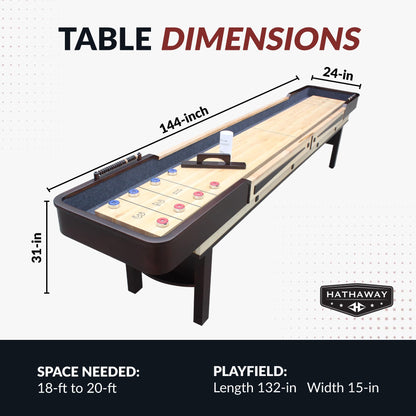 Hathaway Merlot 12 Foot Shuffleboard Table for Family Game Room - with Lacquer Coated Playfield, Built-in Scorer and Cabinet, Climate Adjusters, Leg Levelers, 8 Pucks, Brush, and Wax - Espresso Finish