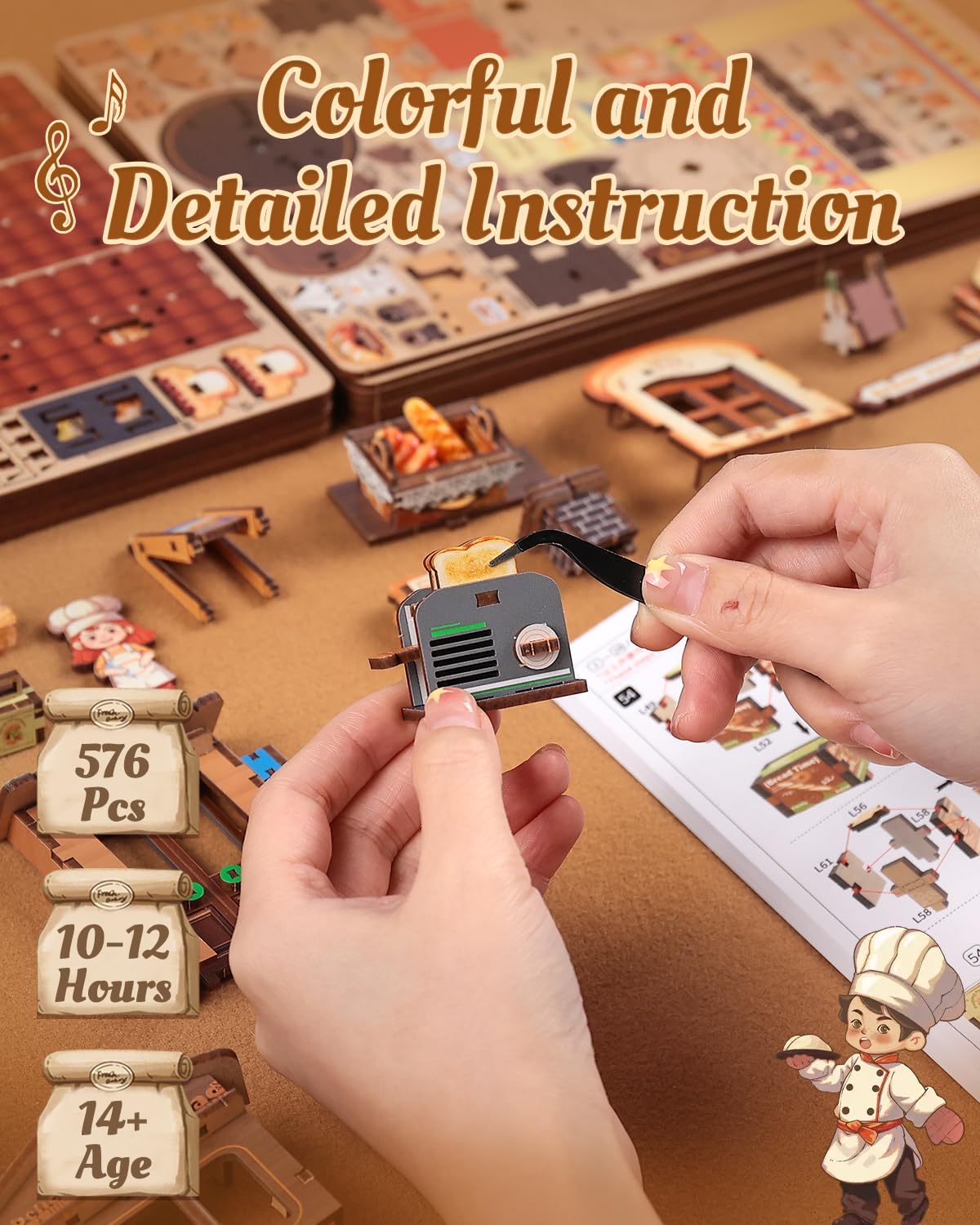 CUTEBEE 3D Wooden Puzzles for Adults - Bread Factory Bakery 576pcs Wooden Mechanical Model DIY Building Kit with Music and Lights, Bookshelf Decor, DIY Craft Gifts for Adults（Bread Factory）