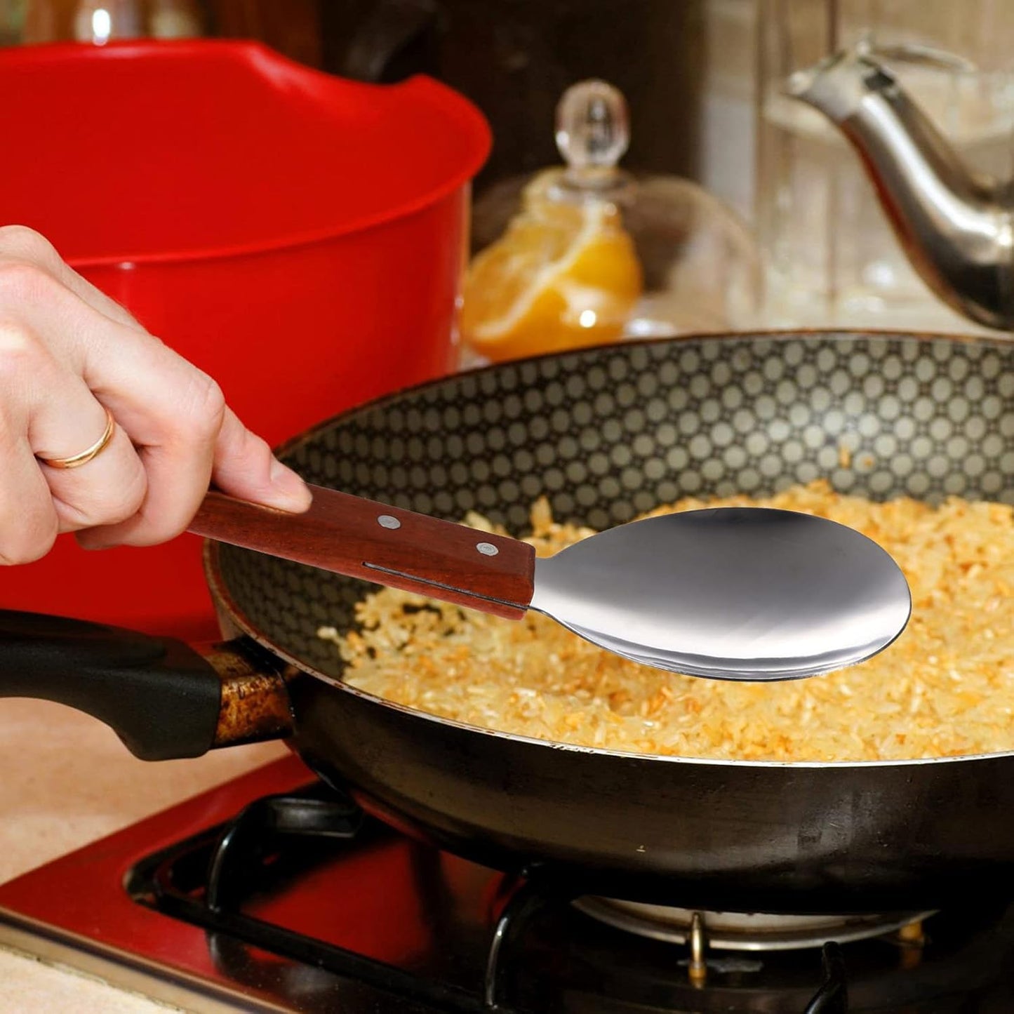 Rice Paddle Set, 4 Pcs Japanese Rice Spatula, Non-Stick Serving Spoon with Wood Handle for Home Kitchen