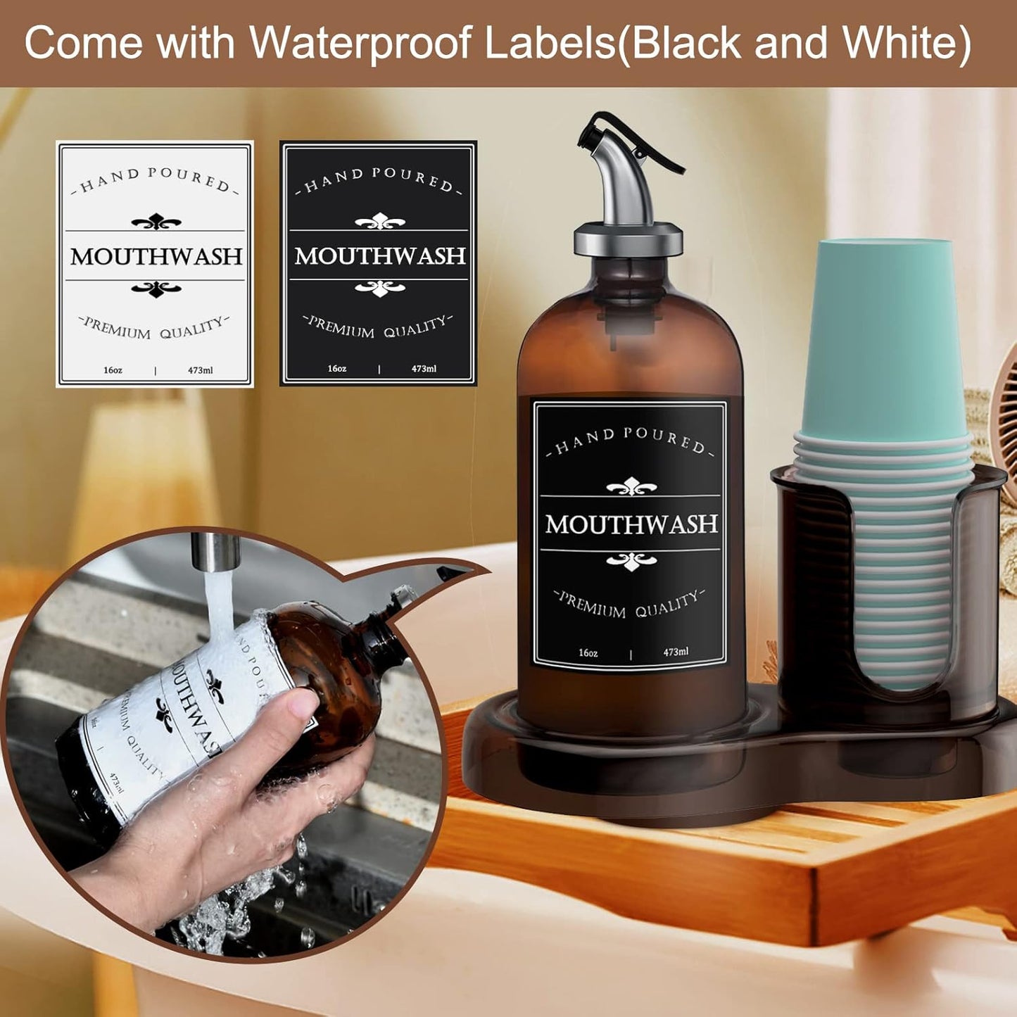 16oz 2 Amber Glass Mouthwash Dispenser with Cup Holder for Bathroom, Refillable Mouthwash Bottles Container with Tray