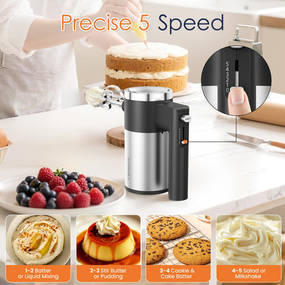 Powerful 600W Hand Mixer, 5-Speed Electric Hand Held Mixer for Baking, Lightweight Stainless Steel Hand Beaters *2 & Dough Hooks*2 with Eject Button, Kitchen Mixer for Cream, Cookies, Dough-Black