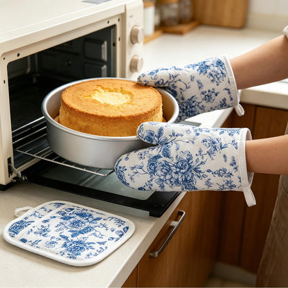 AnyDesign 4Pcs Blue Porcelain Floral Oven Mitts and Pot Holders Set Heat Resistant Non-Slip Potholders Chinoiserie Flower Kitchen Oven Gloves with Hot Pads for Cooking Baking