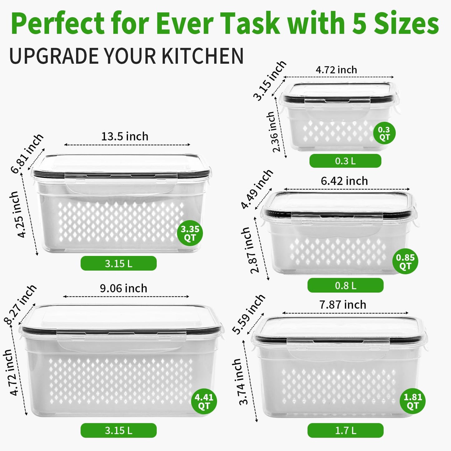PRAKI 5-Pack Large Fruit Storage Containers for Fridge with Removable Colander, 2 in 1 Produce Storage Containers, BPA-Free Fridge Organizers and Storage Keep Fruits, Vegetables, Berry Fresh Longer