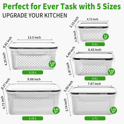 PRAKI 5-Pack Large Fruit Storage Containers for Fridge with Removable Colander, 2 in 1 Produce Storage Containers, BPA-Free Fridge Organizers and Storage Keep Fruits, Vegetables, Berry Fresh Longer