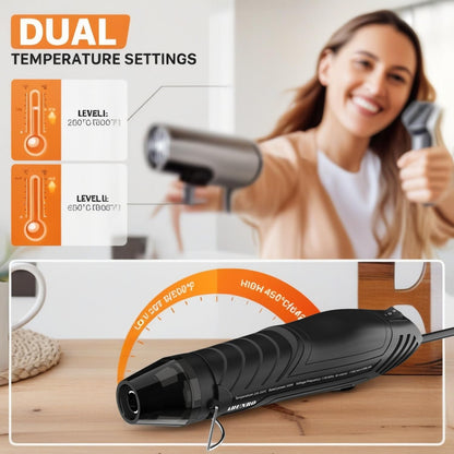 Mini Heat Gun, 2-Temp Settings 482℉ & 662℉, Fast Heating Hot Air Gun with 6.6FT Long Cable, Reflector Nozzle & Overload Protection for Crafting, DIY, Shrink Wrap, Vinyl Wrap (Black Heat Gun)