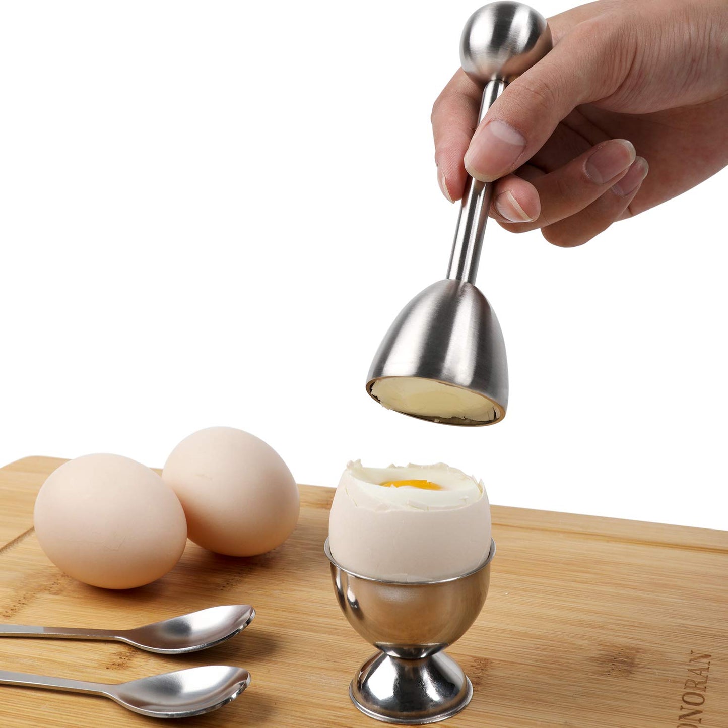 Egg Cracker Topper Set Soft Hard Boiled Eggs Separator Holder Include 4 Egg Spoons and 4 Egg Cups 1 Shells Remover Top Cutter Stainless Steel for Breakfast Kitchen Tool