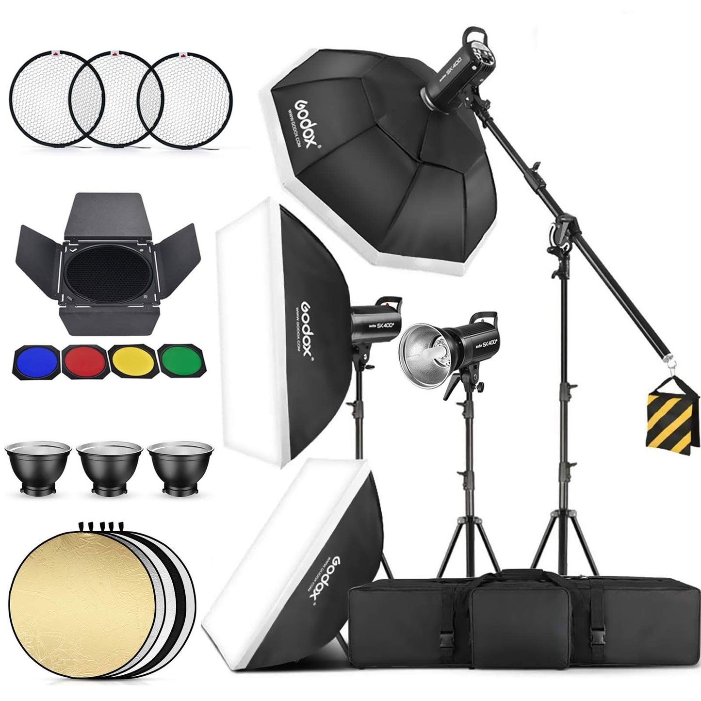Godox 3 Pack SK400II 1200Ws 2.4G Speedlite Studio Flash Strobe Monolight Bowens Mount Kit for Studio Shooting, Location and Portrait Photography with Softbox, Light Stand, Barn Door Kit, Carrying Case