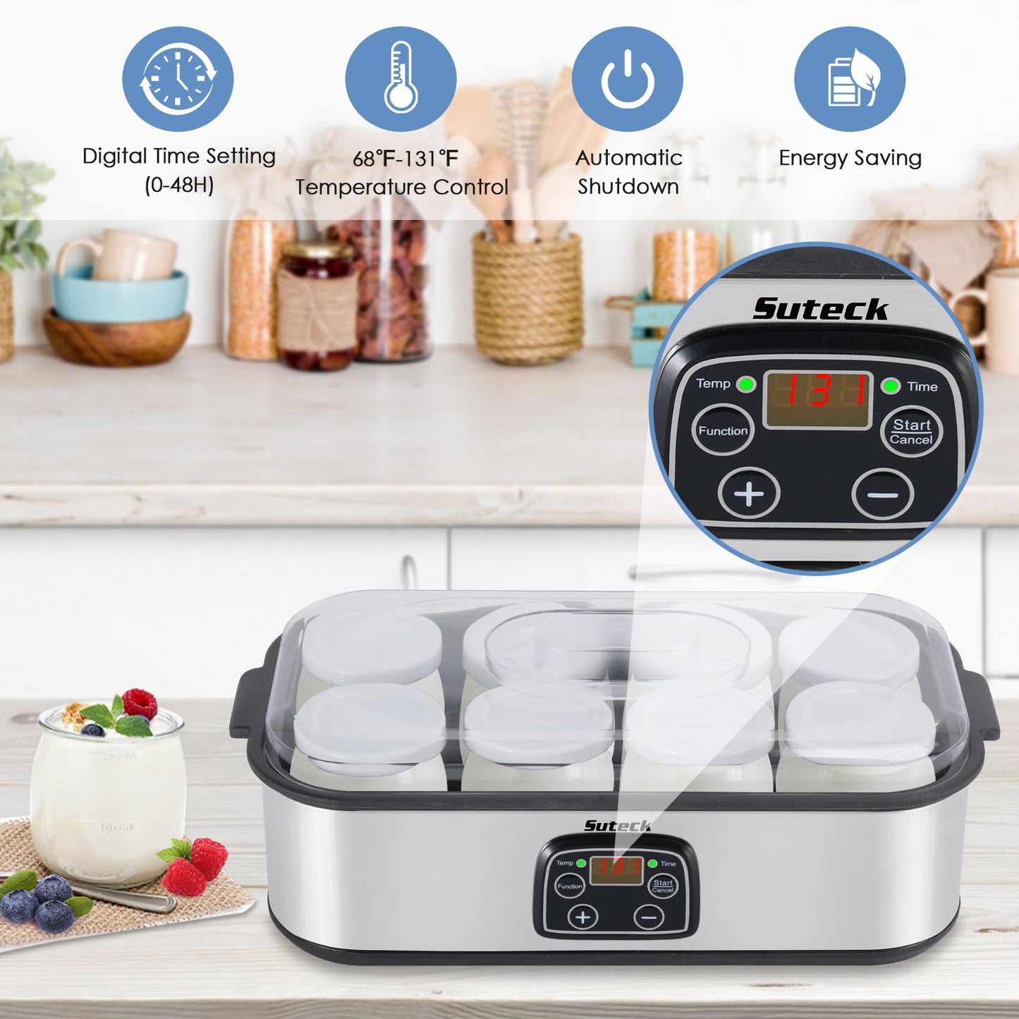 Yogurt Maker Automatic Digital Yoghurt Maker Machine with 8 Glass Jars 48 Ozs (6Oz Each Jar) LCD Display with Constant Temperature Control Stainless Steel Design for Home Use