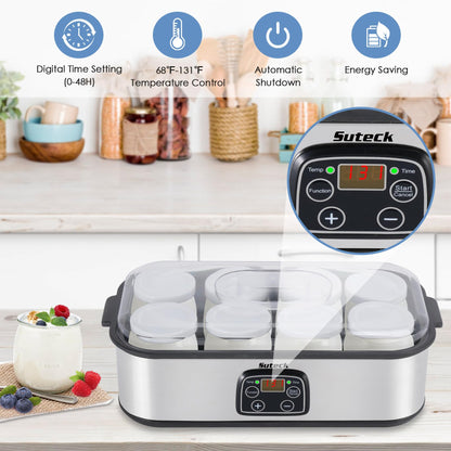 Suteck Yogurt Maker with 8 Glass Jars, Time & Temp Adjustable Control Yogurt Machine, Homemade Greek & Probiotic Yogurt, Automatic Shut-Off, BPA-Free, 48 oz Total, Black