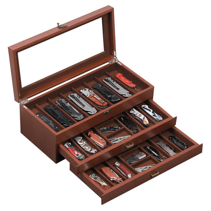 AUTOARK 3-Tier PU Leather & Velvet Knife Organizer with 26 Slots,Transparent Glass Top & Drawer,Compact Storage for Pocket Knives,Ideal for Men's Collections & Gifts,Coffee,MKAW013