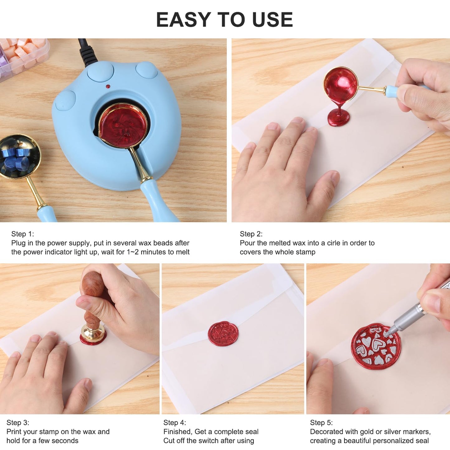 Wax Seal Electric Kit with 24 Colors Wax Seal Beads 600pcs, 3pcs (Cherry/Heart Crown/Lily of the valley) Stamps with Electric Warmer Set for Sealing Invitation, Christmas, Gift Wrapping (3D Stamp Kit)