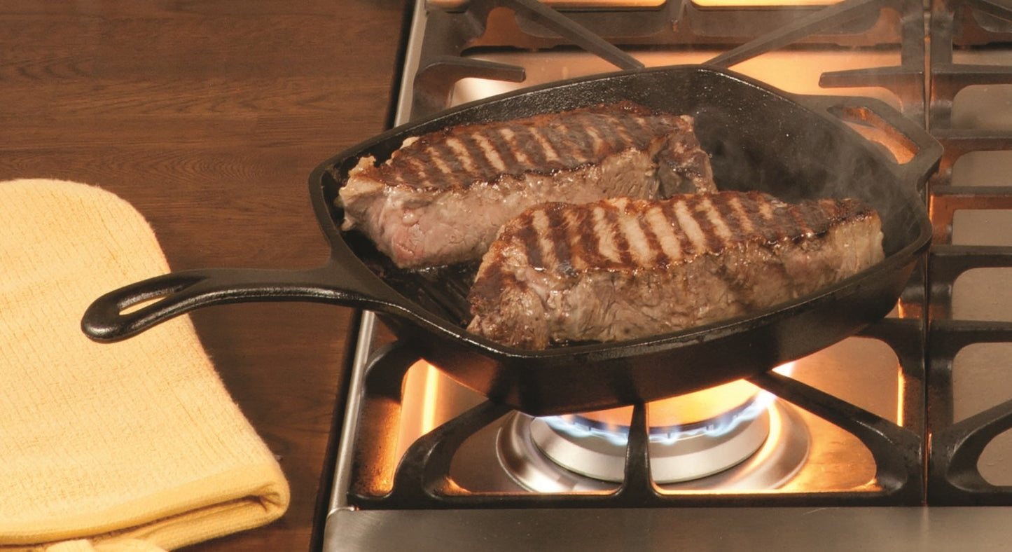 Lodge Square Cast Iron Grill Pan - Pre-Seasoned Square Skillet - Ridged Burger Grill Pan - Even Heat Distribution - PFAS-Free Non-Toxic Cookware - 10.5 Inches