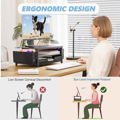 OPNICE Desk Organizers and Accessories, Computer Monitor Stand Riser with Drawer and 2 Pen Holders, Printer & Laptop Stand, Office Desk Accessories & Workspace Organizers for Home Office Supplies, Black