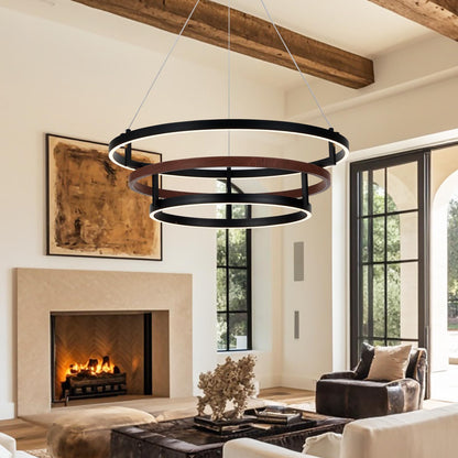 Three-Ring 48-inch glod Vintage Wood-Grain Farmhouse LED Chandelier with Remote Control and dimmable Brightness, Suitable for Dining Room, Kitchen, and Living Room. (glod-48)