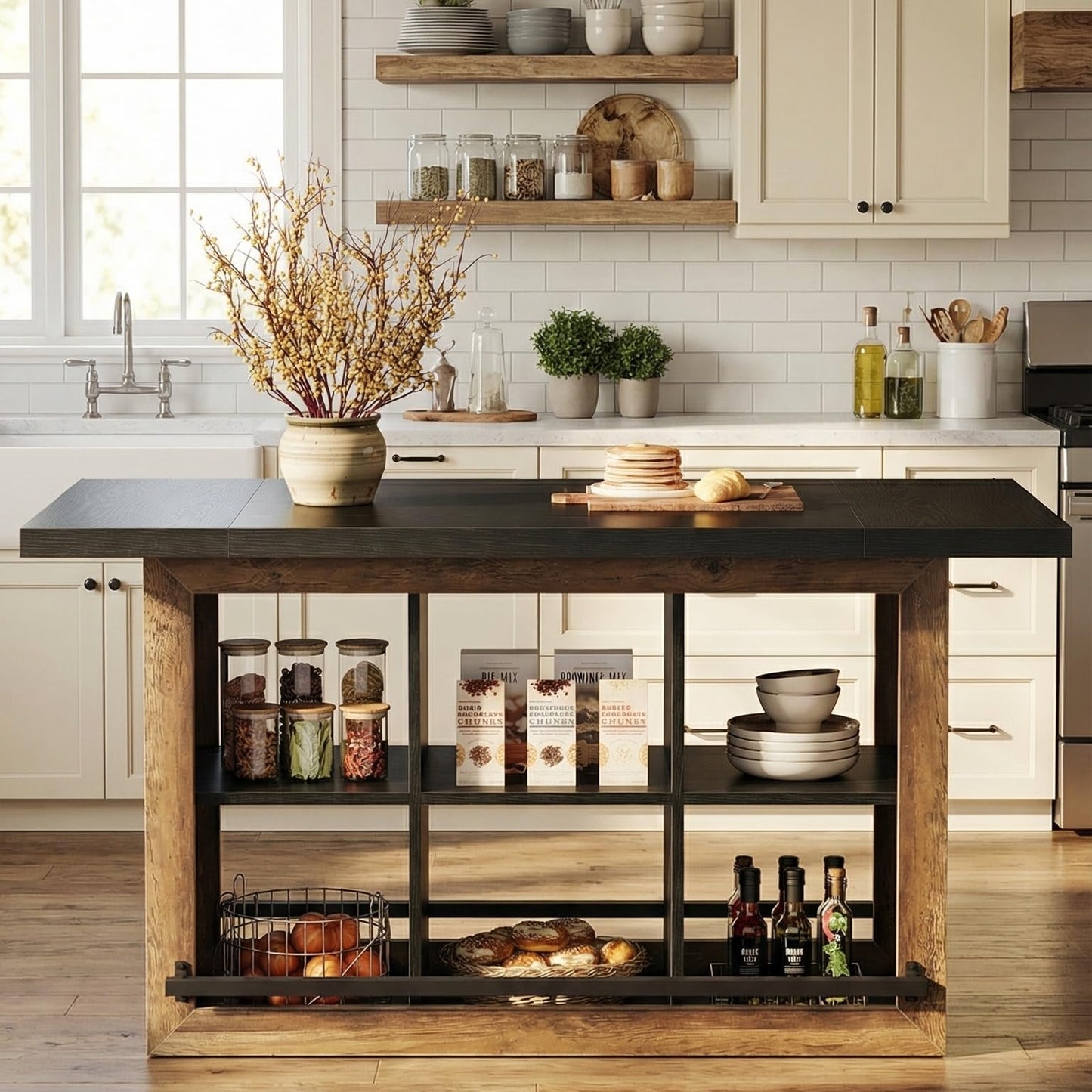 Tribesigns Kitchen Island with Storage, 62.6" Farmhouse Table with 6-Cubby Open Shelves & Metal Foot Rail, Butcher Block Style Counter Height Stationary Unit